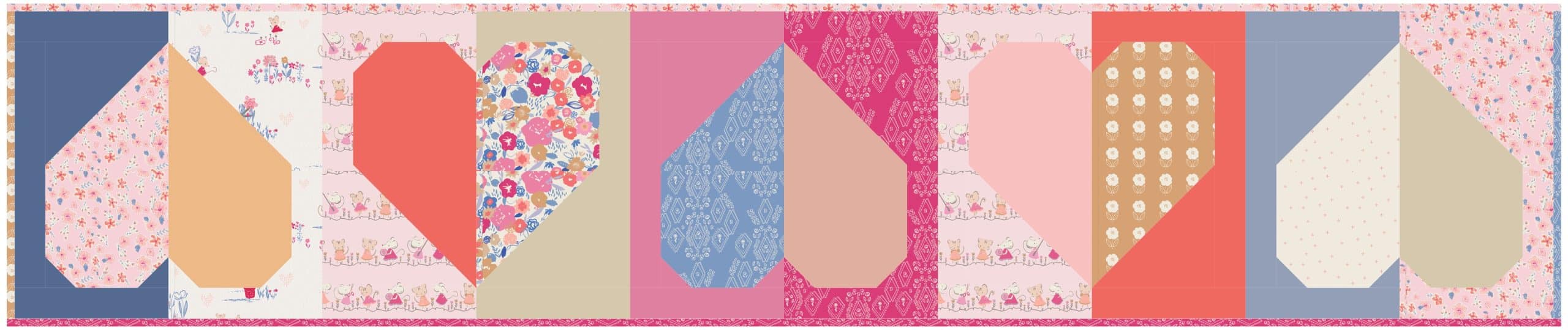 Colorful quilt pattern with floral and geometric designs.