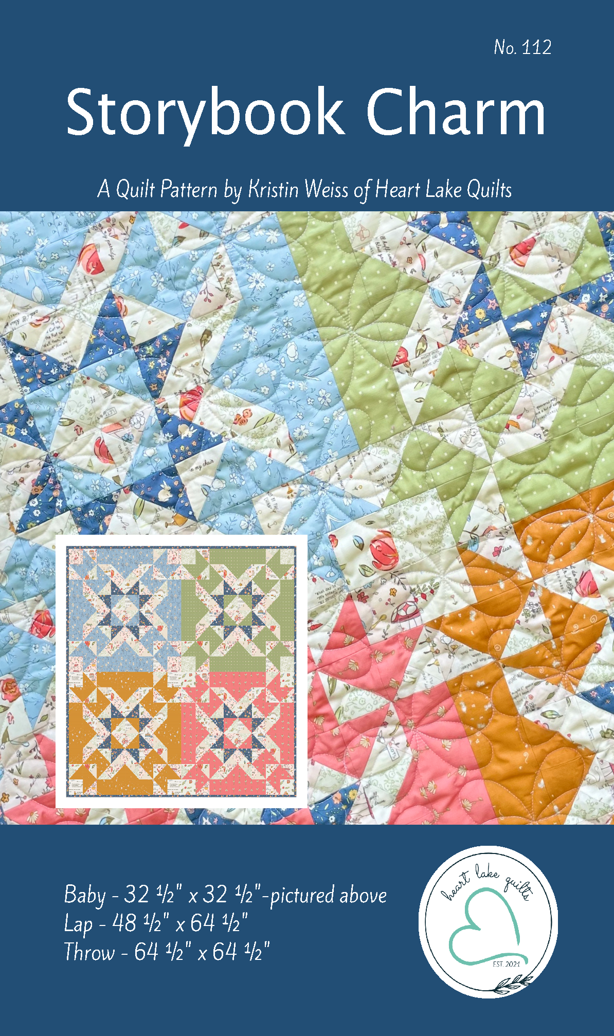 Colorful quilt pattern with floral and geometric designs.