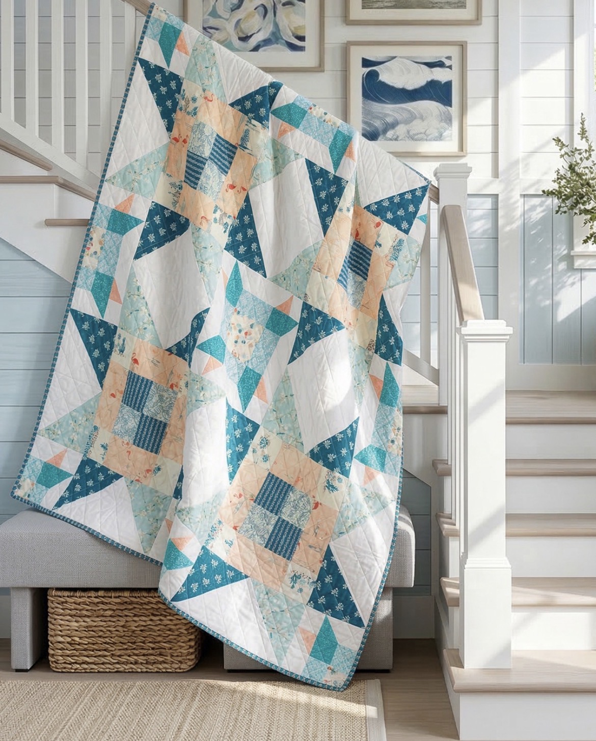 Colorful patchwork quilt draped over staircase railing