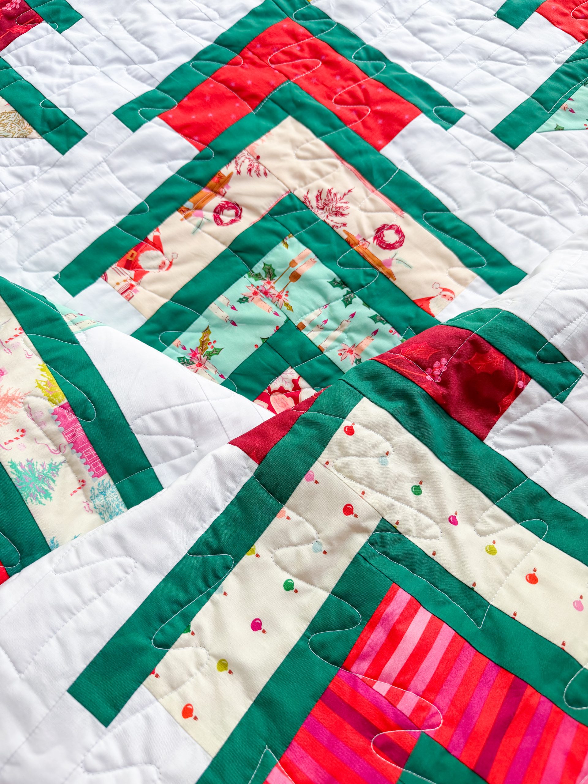 Close-up of festive red and green quilt
