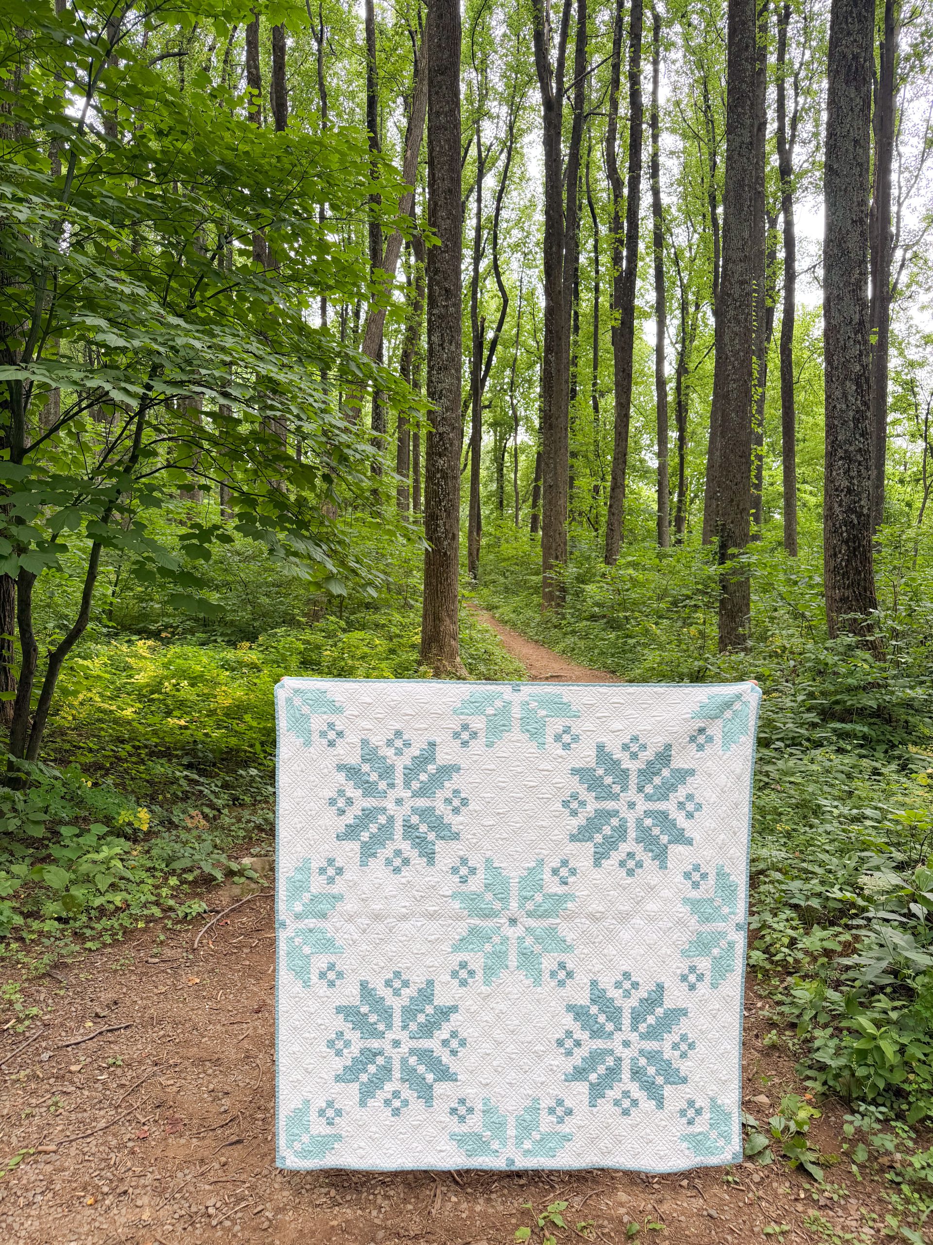 Quilt with teal leaf pattern on forest trail